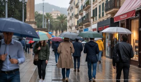 Regenreiche Tage auf Mallorca: Wetterwarnung für die Insel Leben auf Palma de Mallorca bei Regenwetter mit Menschen und historischen Gebäuden.