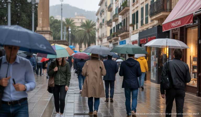 Leben auf Palma de Mallorca bei Regenwetter mit Menschen und historischen Gebäuden.