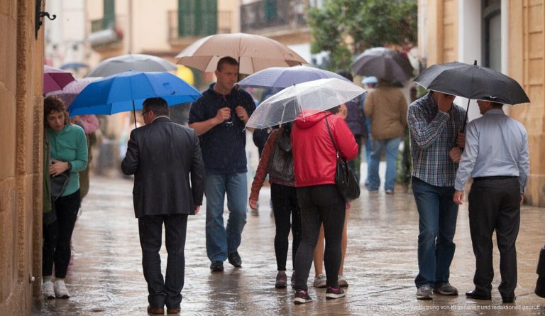 Regentag auf Mallorca, Menschen mit Regenschirmen, städtische Szene