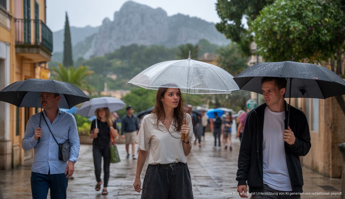 Regenwetter in Sóller: Einblick in die kommenden Tage Regenwetter in Sóller mit Menschen und Schirmen auf den Straßen