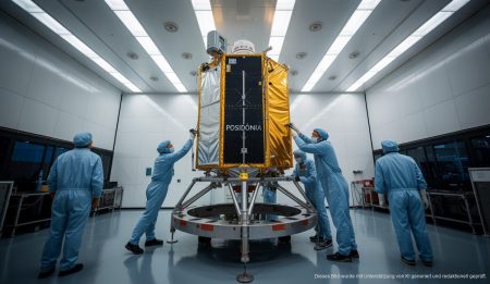 Satellit Posidònia der Balearen bereit für Start im Sommer Techniker im Reinraum bei der Vorbereitung des Posidònia-Satelliten.