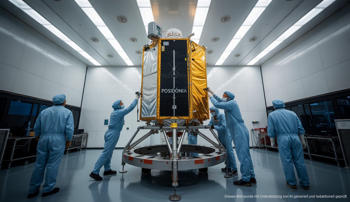 Techniker im Reinraum bei der Vorbereitung des Posidònia-Satelliten.
