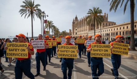 Protest von Rettungsschwimmern in Palma de Mallorca für mehr Sicherheit an Stränden