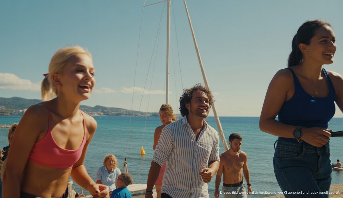 Sonnige Frühlingstage auf Mallorca: Perfektes Wetter für Aktivitäten Sonniger Tag am Strand von Palma de Mallorca mit Menschen und Segelbooten