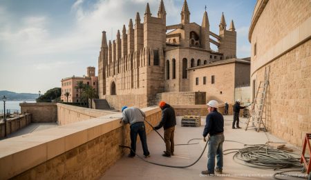 Stadtentwicklung in Palma: Luxuswohnungen und Restaurierungsprojekte Restaurierung am Baluard del Príncep, Palma de Mallorca, mit Bauarbeitern und historischen Mauern