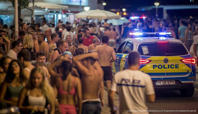 Debatte um Touristenzustände in Magaluf und Palma eskaliert Touristen nachts am Strand von Magaluf, Mallorca, Polizei überwacht Feiernde