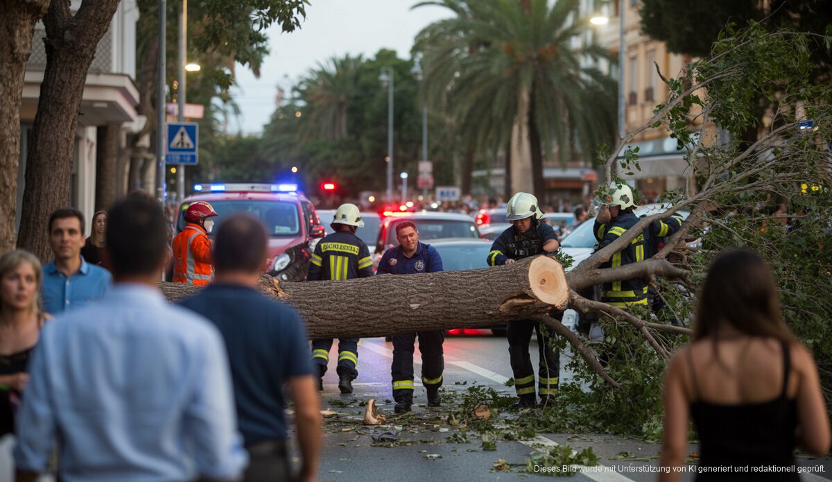 Großer Baum auf Straße in Palma gestürzt, Einsatzkräfte räumen auf.