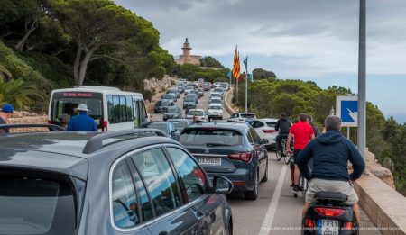 Verkehrschaos auf der Formentor-Halbinsel mit Autos, Bussen und Touristen