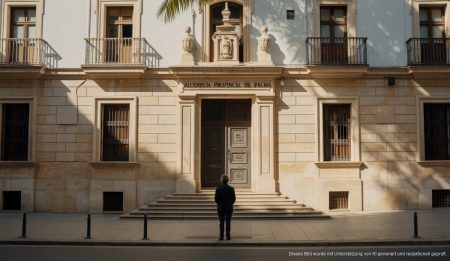 Justizgebäude auf Mallorca mit Schattenfigur im Vordergrund
