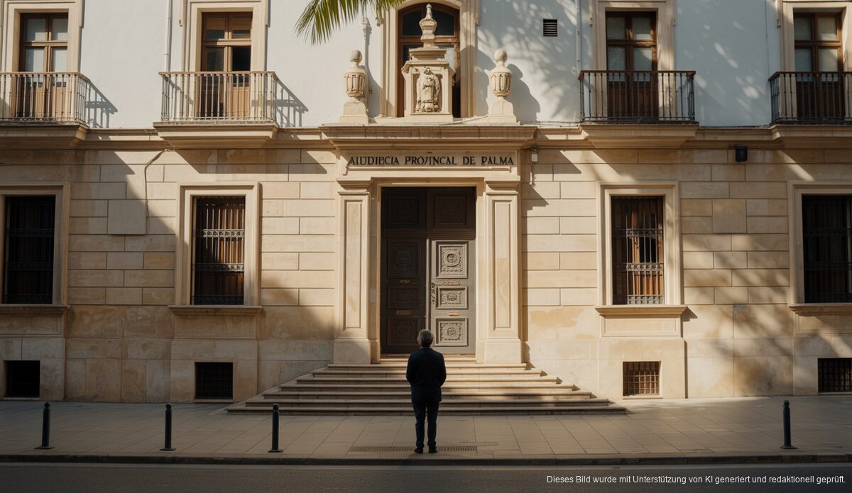 Justizgebäude auf Mallorca mit Schattenfigur im Vordergrund