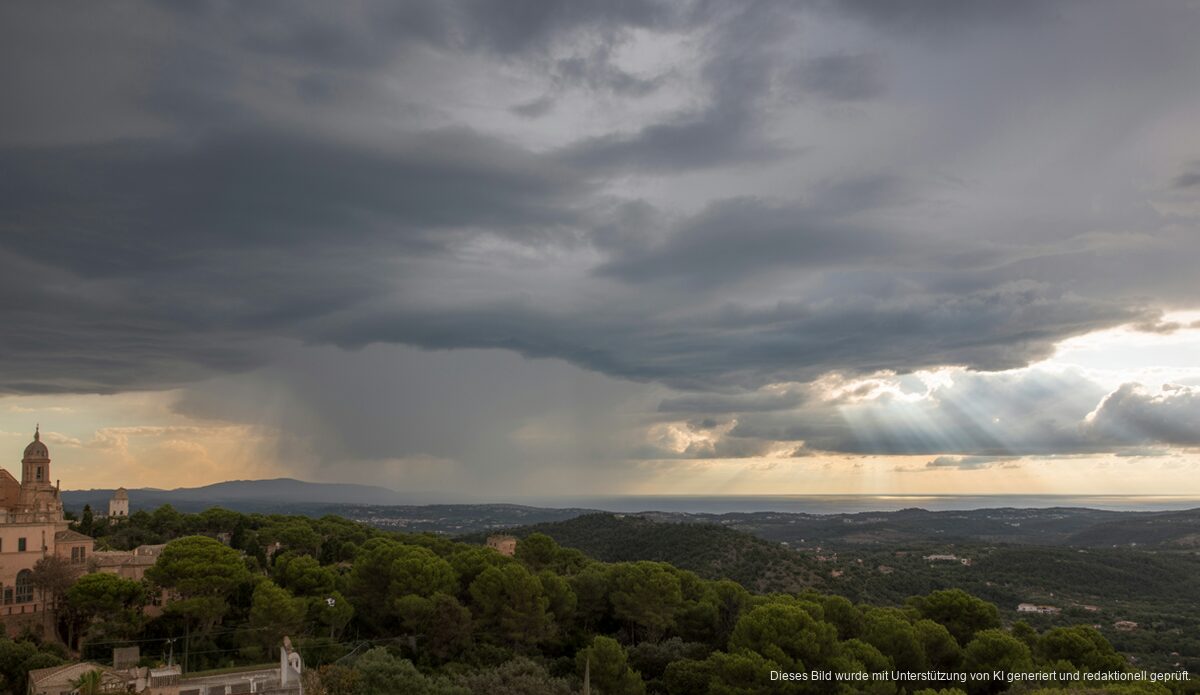 Dramatisches Wetter auf Mallorca mit dunklem Himmel und Regen.