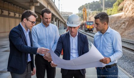 Ingenieure planen auf einer Baustelle die neue Bahnverbindung in Palma de Mallorca