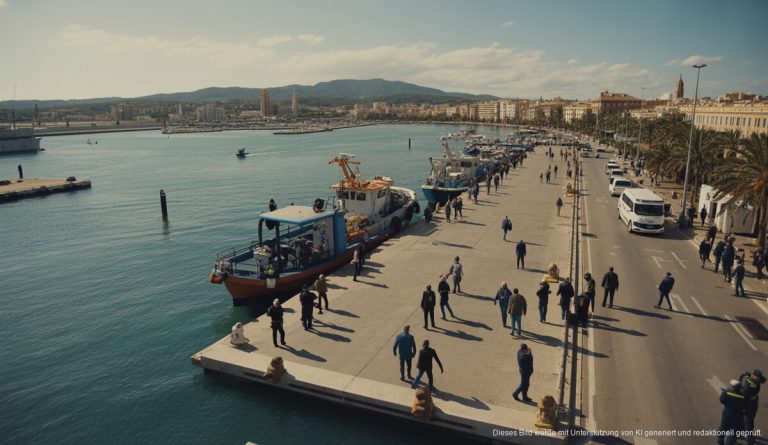 Kontroversen um Einladungsschreiben für Migranten auf den Balearen Hafen von Palma de Mallorca mit Küstenwache, symbolisiert Migrationsthema