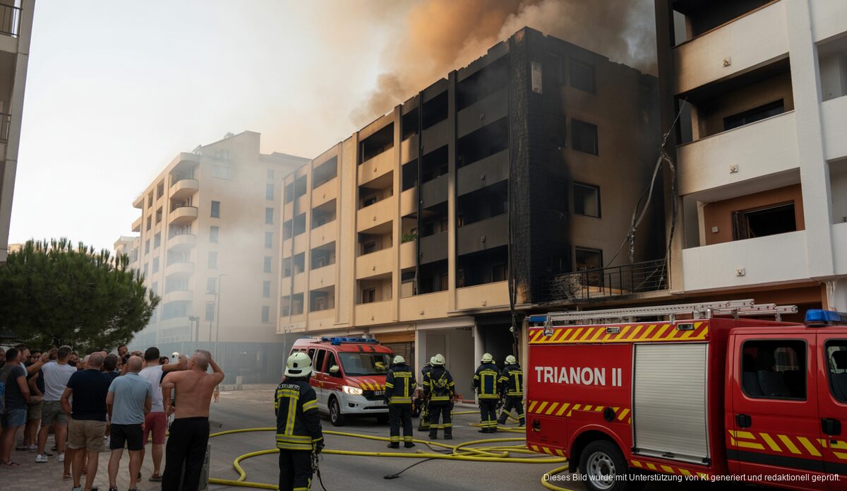Zwei Tote bei Wohnungsbrand in Magaluf: Ursache könnten Elektrogeräte sein Nach dem Brand im Trianon II in Magaluf stehen Feuerwehrleute im Einsatz, während besorgte Anwohner zusehen.