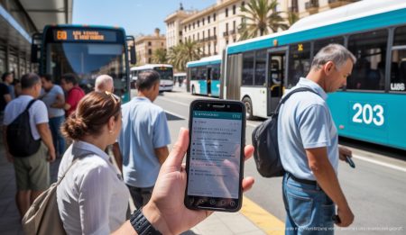 Palma de Mallorca Busstation mit Linie 203 und Fahrgästen