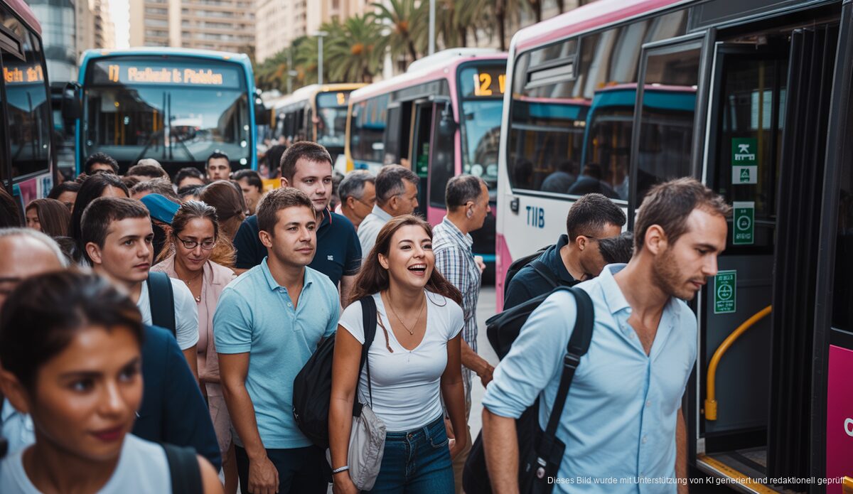 Mallorca priorisiert Busreservierung für Einheimische Bahnstation mit TIB Bussen und Fahrgästen auf Mallorca