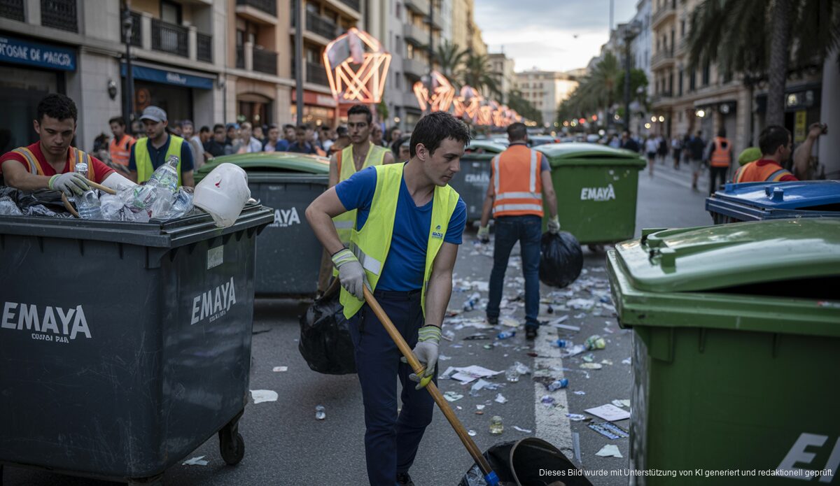 Emaya sammelt 15 Tonnen Müll bei Nit de Sant Joan in Palma Emaya-Arbeiter sammeln Müll in Palma während Nit de Sant Joan.
