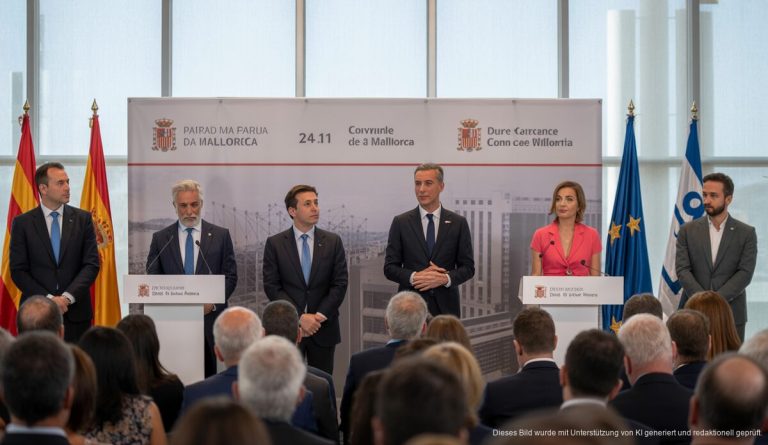 Ankündigung eines Förderprogramms in Palma de Mallorca mit Regierungsvertretern und digitalem Hintergrund