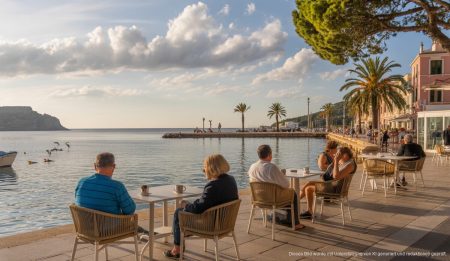 Ein freundlicher Sommertag in Port d'Andratx mit Menschen, die in Cafés entspannen und die Sonne genießen.