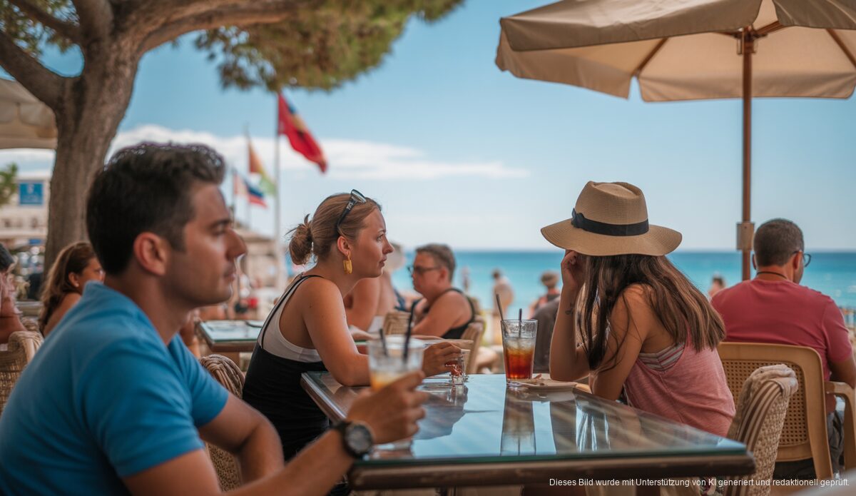 Sonniger Tag in Alcúdia mit strahlend blauem Himmel, Touristen bei einem Café am Strand