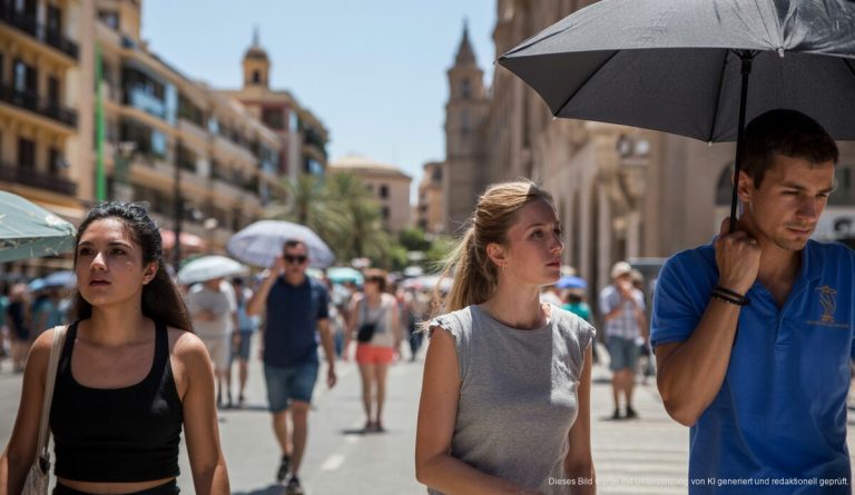 Hitzealarm auf Mallorca: Erste Hitzewelle des Jahres erwartet Straßenszene in Palma de Mallorca mit Menschen unter Sonnenschirmen bei Hitze
