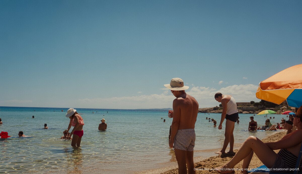 Hitze auf Mallorca: Temperaturen steigen über 36 Grad Sonniger Strand auf Mallorca mit Menschen unter Sonnenschirmen bei hohen Temperaturen