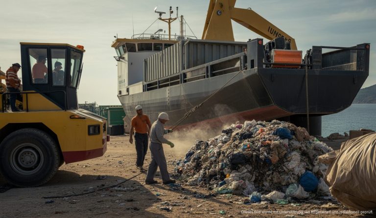 Ibizas Müll wird ab nächster Woche nach Mallorca transportiert Arbeiter auf Ibiza laden Müll für den Transport nach Mallorca auf ein Schiff.