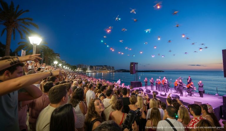 Einweihung des neuen Paseo Marítimo in Magaluf mit Besuchermassen und Orchesterauftritt.