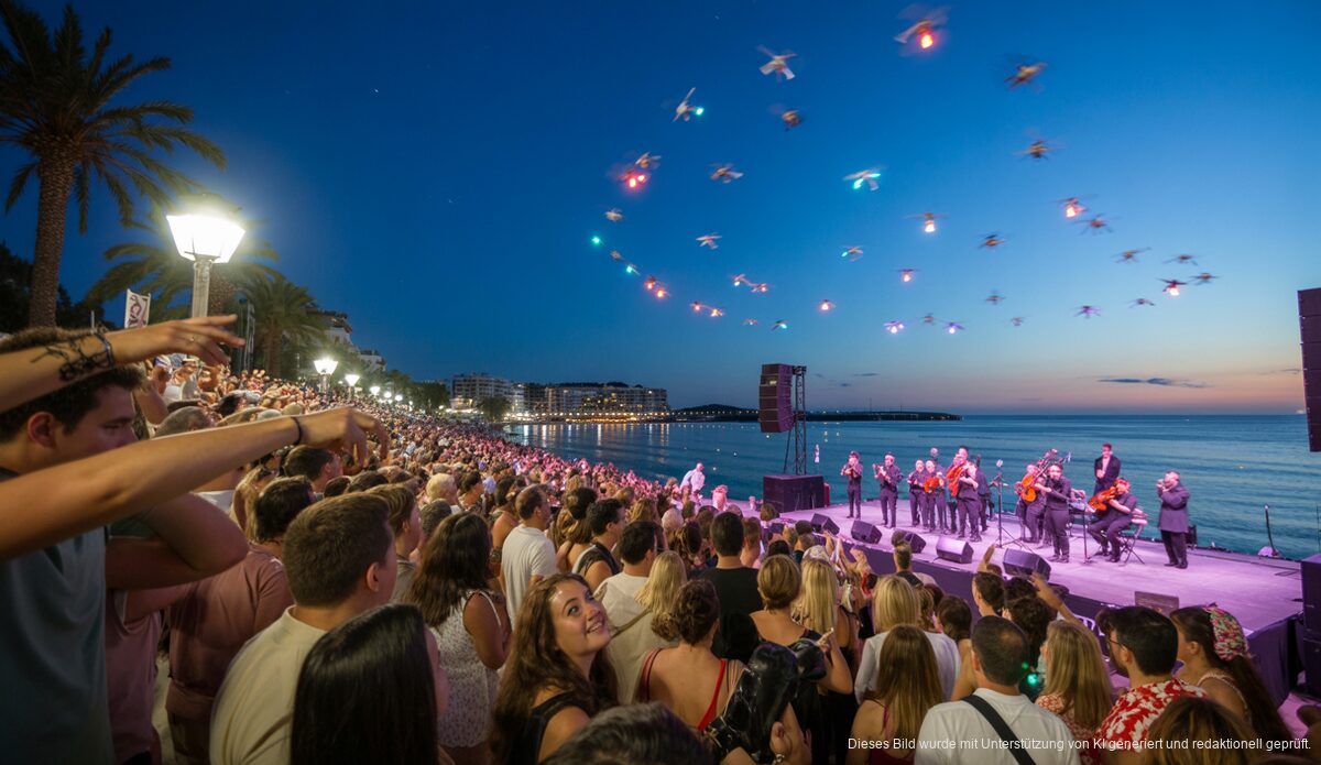 Einweihung des neuen Paseo Marítimo in Magaluf mit Besuchermassen und Orchesterauftritt.
