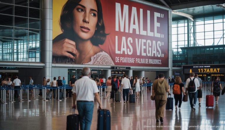 Diskussionen um Sparkassen-Werbung auf Mallorca entflammen Große Sparkassen-Werbung am Flughafen Mallorca, kulturelle Diskussionen.