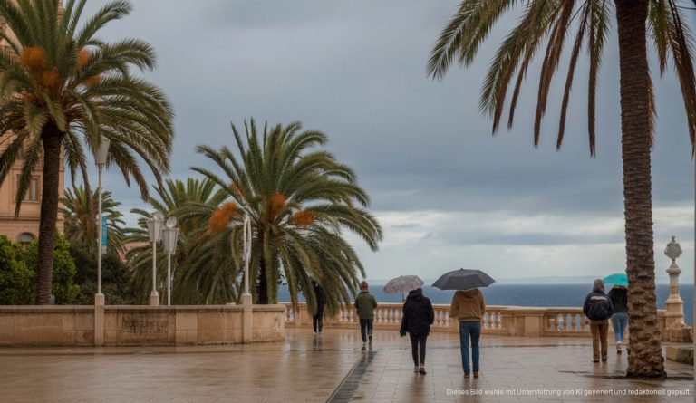 Regnerische Szene mit Menschen unter Regenschirmen in Palma auf Mallorca bei milden Temperaturen