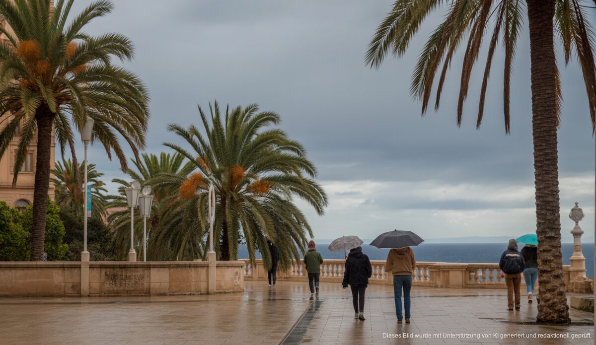 Regnerische Szene mit Menschen unter Regenschirmen in Palma auf Mallorca bei milden Temperaturen