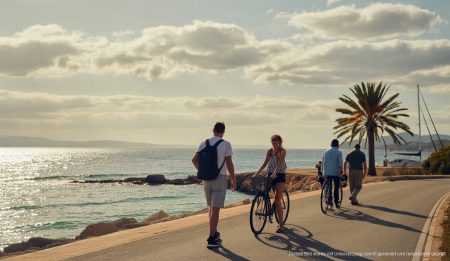Mallorca Küstenlandschaft bei mildem Wetter, Wolken und Menschen im Freien