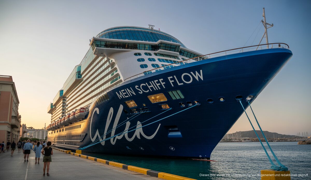 Kreuzfahrtschiff Mein Schiff Flow bei Sonnenuntergang in Palma de Mallorca