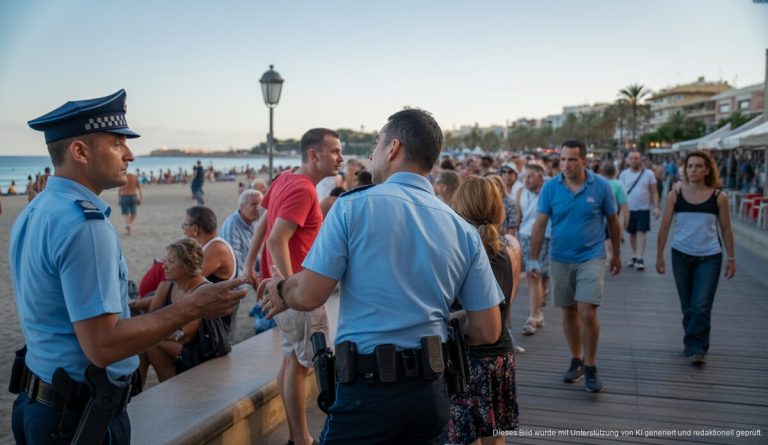 Polizeiaufgebot auf Mallorca verzögert: Sorge in Playa de Palma Polizisten interagieren mit Touristen und Händlern auf Mallorca