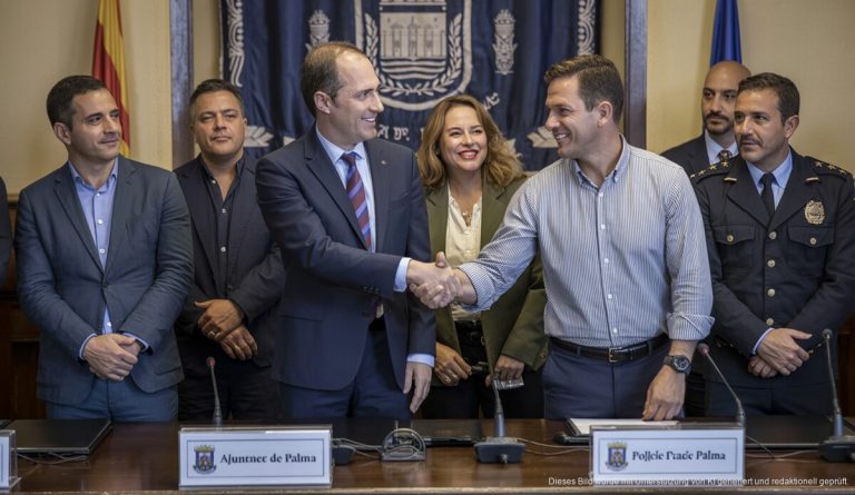 Polizeireformen in Palma: Verbesserte Bedingungen für Beamte beschlossen Vertreter des Ajuntament de Palma und Gewerkschaften bei der Unterzeichnung eines Reformabkommens in einem Versammlungsraum.