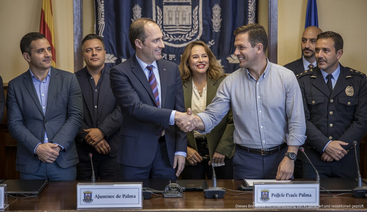 Polizeireformen in Palma: Verbesserte Bedingungen für Beamte beschlossen Vertreter des Ajuntament de Palma und Gewerkschaften bei der Unterzeichnung eines Reformabkommens in einem Versammlungsraum.