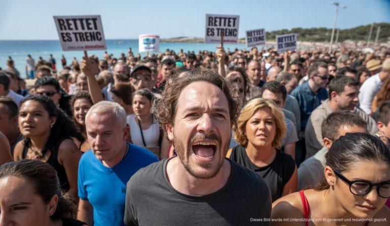 Proteste zum Schutz von Es Trenc auf Mallorca sorgen für Aufmerksamkeit Menschenkette am Strand von Es Trenc auf Mallorca zum Schutz des Naturparks