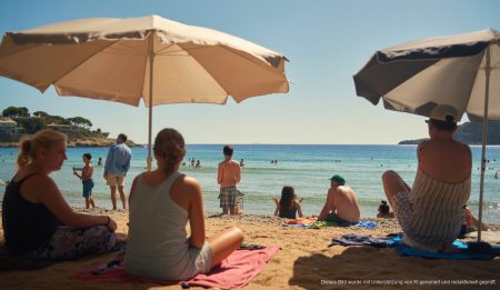 Angenehme Frühsommertage in Santa Ponsa: Das perfekte Wetter für Juni Sommerwetter in Santa Ponsa mit Menschen am Strand unter Sonnenschirmen