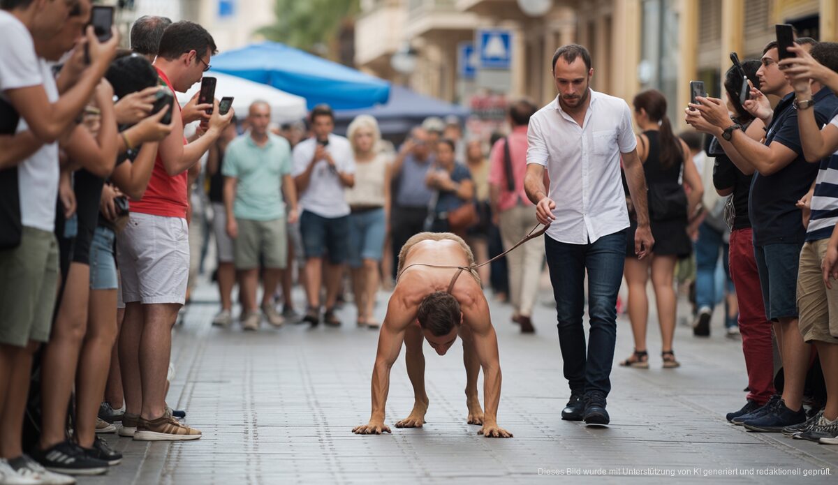 Skurriles Verhalten eines Touristen auf Mallorca entfacht Diskussionen Ein Mann krabbelt auf allen Vieren in Alcúdia, umgeben von überraschten Menschen.