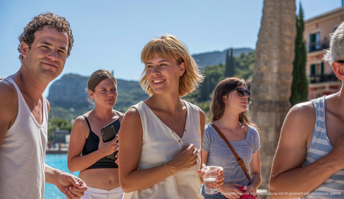 Sommerhitze in Sóller: Temperaturen Steigen Über 34 ºC Ein sonniger Sommertag in Sóller auf Mallorca mit entspannten Menschen im Freien.