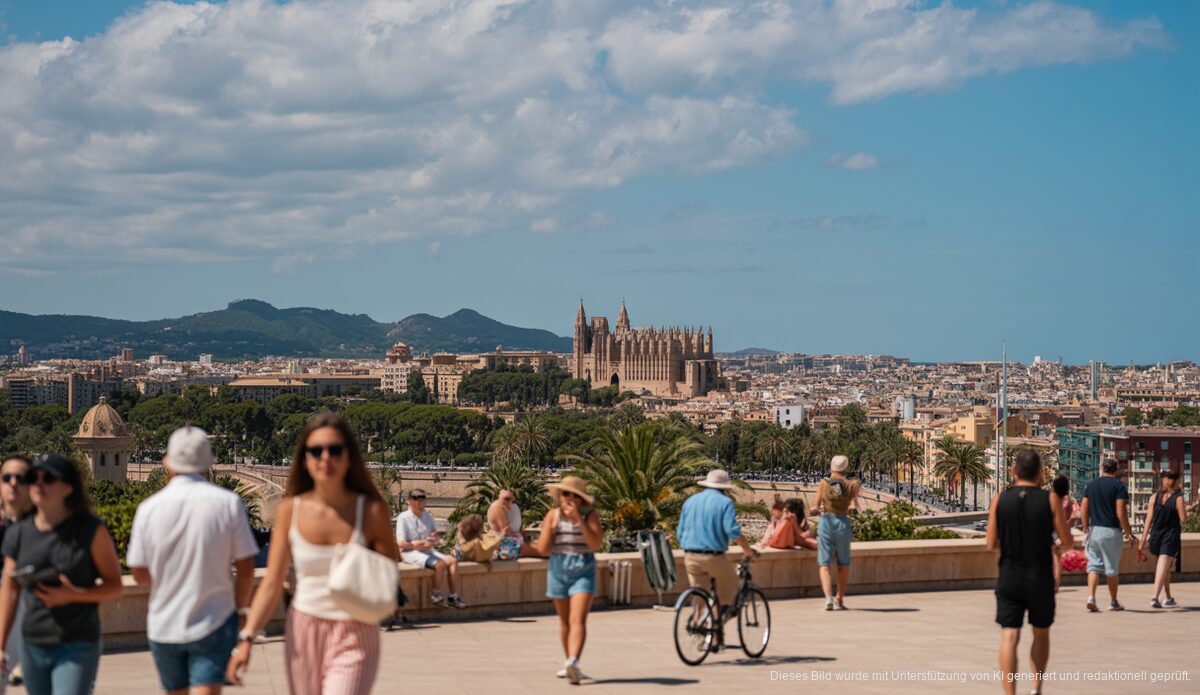 Wetter auf Mallorca: Sommerliche Temperaturen in Palma und Umgebung Sommerliches Wetter in Palma de Mallorca mit Stadtansicht und Menschen im Freien.
