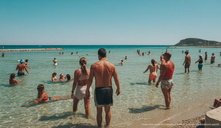 Wetter in Alcúdia: Sommerhitze und leichte Regenschauer Sommerwetter in Alcúdia: Menschen genießen den Strand bei heißen Temperaturen