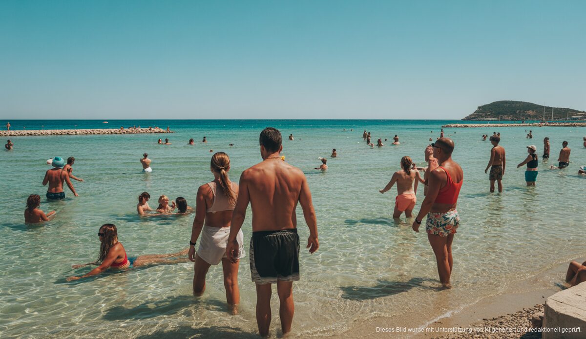 Sommerwetter in Alcúdia: Menschen genießen den Strand bei heißen Temperaturen