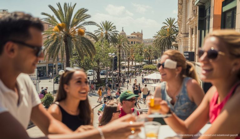 Sonniger Sommer in Mallorca: Temperaturen erreichen über 30°C Blick auf eine belebte Straße in Palma de Mallorca mit klarem Himmel und Sommerstimmung.