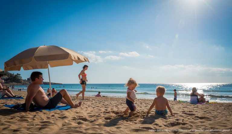 Sonniger Strand in Palma de Mallorca mit strahlend blauem Himmel