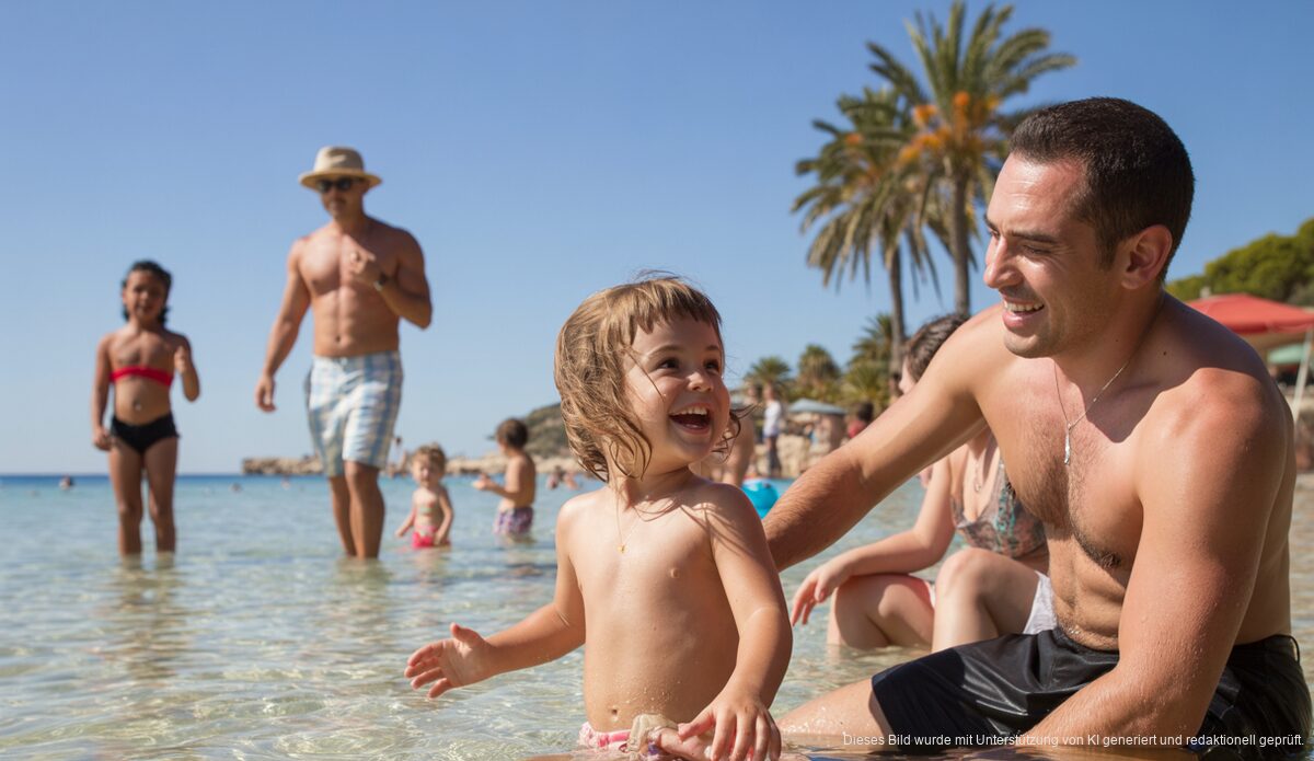 Ein sonniger Tag am Strand von Mallorca mit klarem Himmel und glücklichen Urlaubern