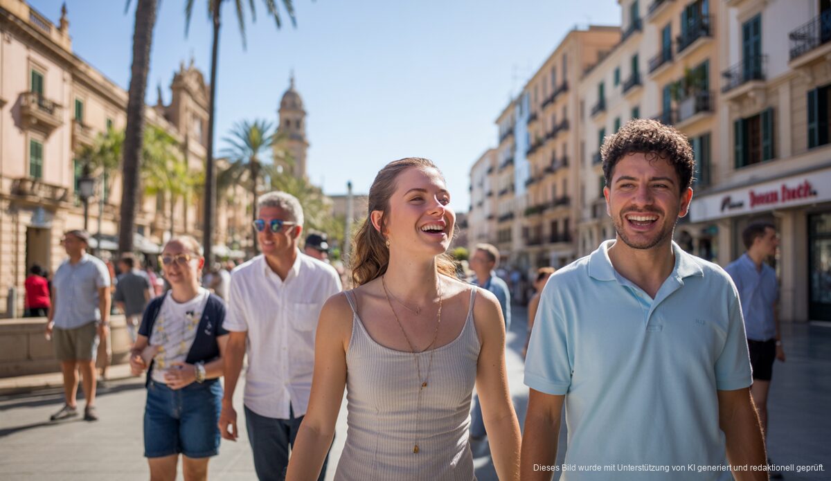 Sonne und steigende Temperaturen: Mallorca-Wettervorhersage Sonniger Tag über Palma de Mallorca mit klarem Himmel und entspannten Menschen.
