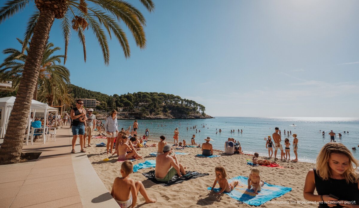 Strahlender Sonnenschein erwartet in Cala Rajada Sonniger Strandtag in Cala Rajada mit blauem Himmel und entspannten Besuchern