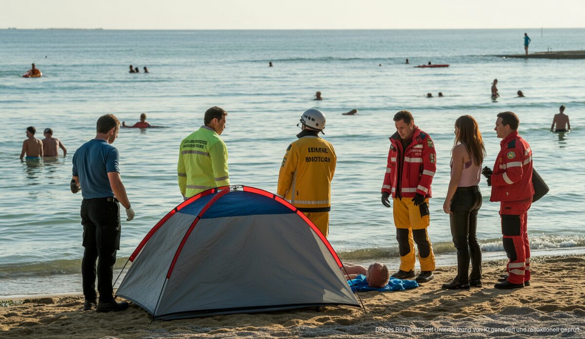 Rettungskräfte umgeben ein Zelt in einer Badebucht am ruhigen Küstenabschnitt auf Mallorca